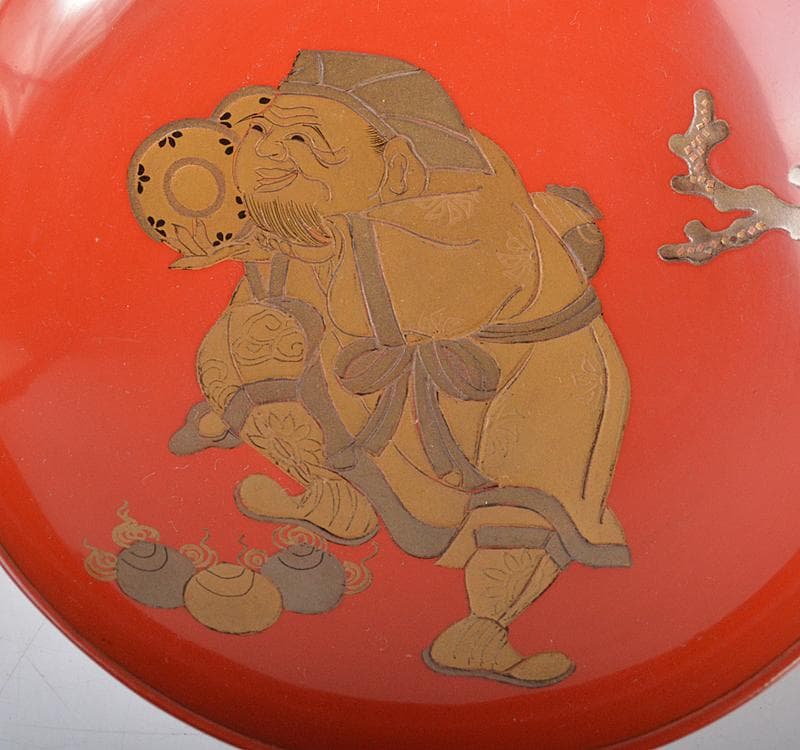 輪島塗　朱塗　金蒔絵　恵比寿天　大黒天　酒盃　一對　時　V R4501