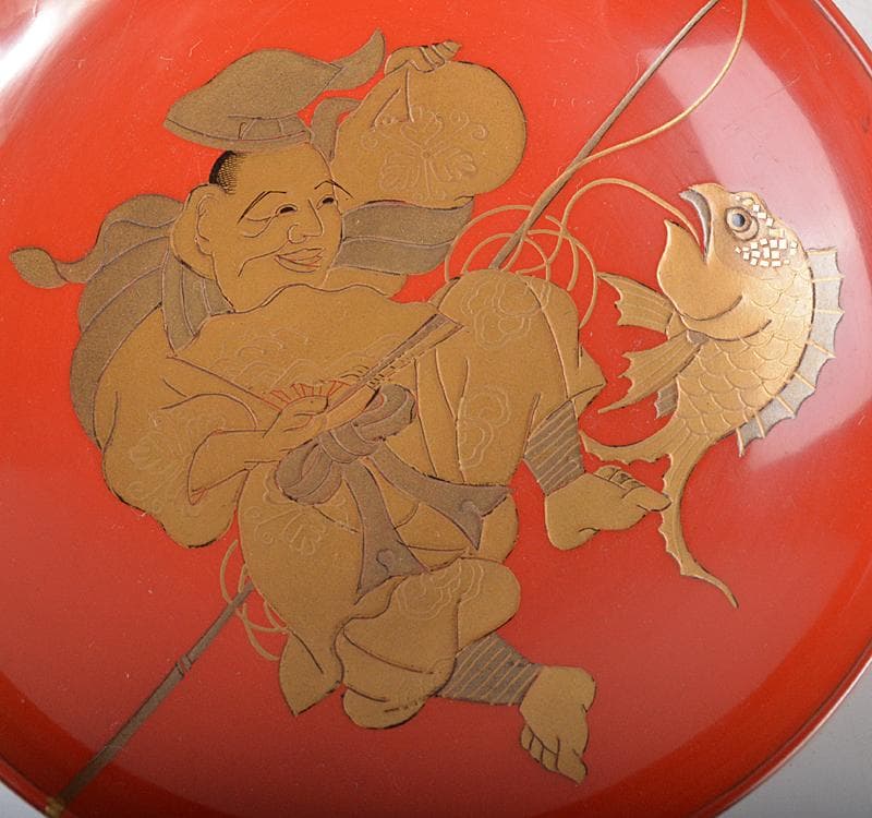 輪島塗　朱塗　金蒔絵　恵比寿天　大黒天　酒盃　一對　時　V R4501