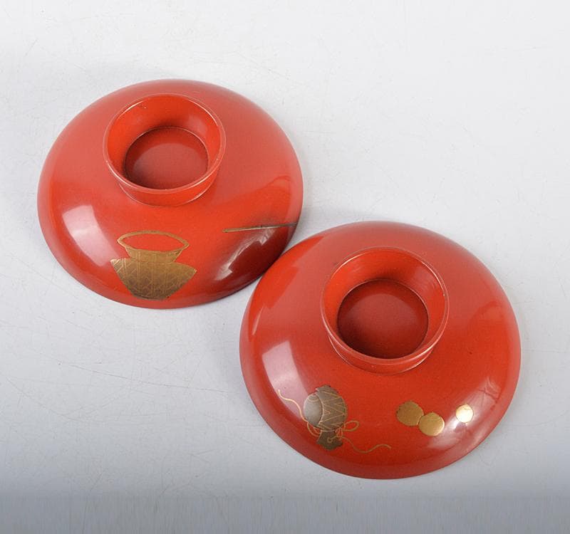 輪島塗 朱塗 金蒔絵 恵比寿天 大黒天 酒盃 一對 時 V R4501