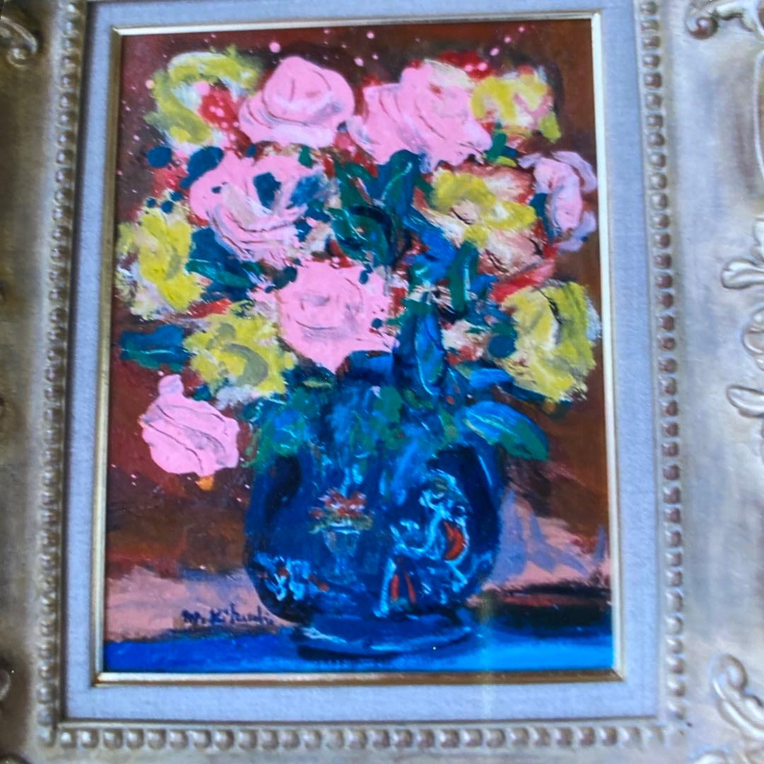 黄色とピンクのバラ」菊地正則 絵画 油彩画 油絵 額付き パリ