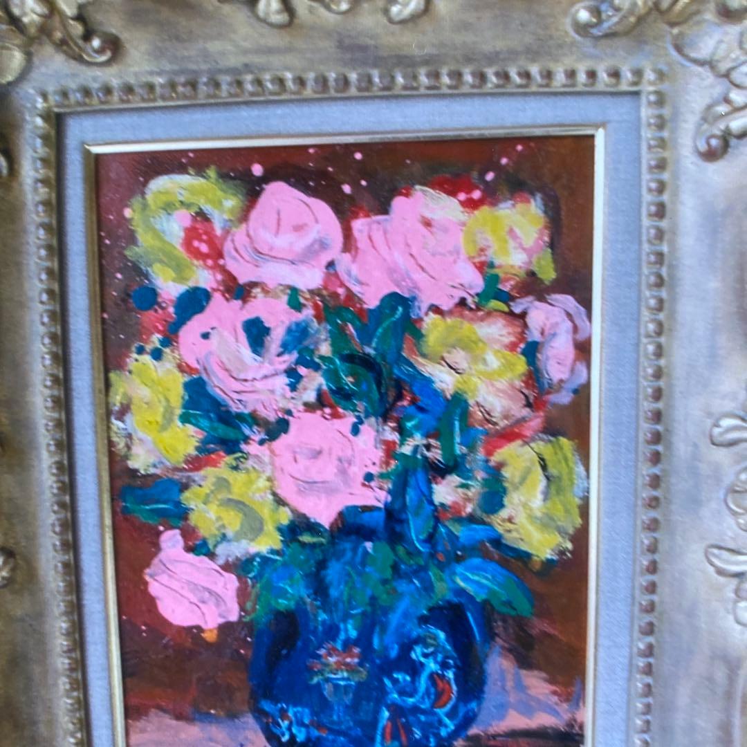 黄色とピンクのバラ」菊地正則 絵画 油彩画 油絵 額付き パリ
