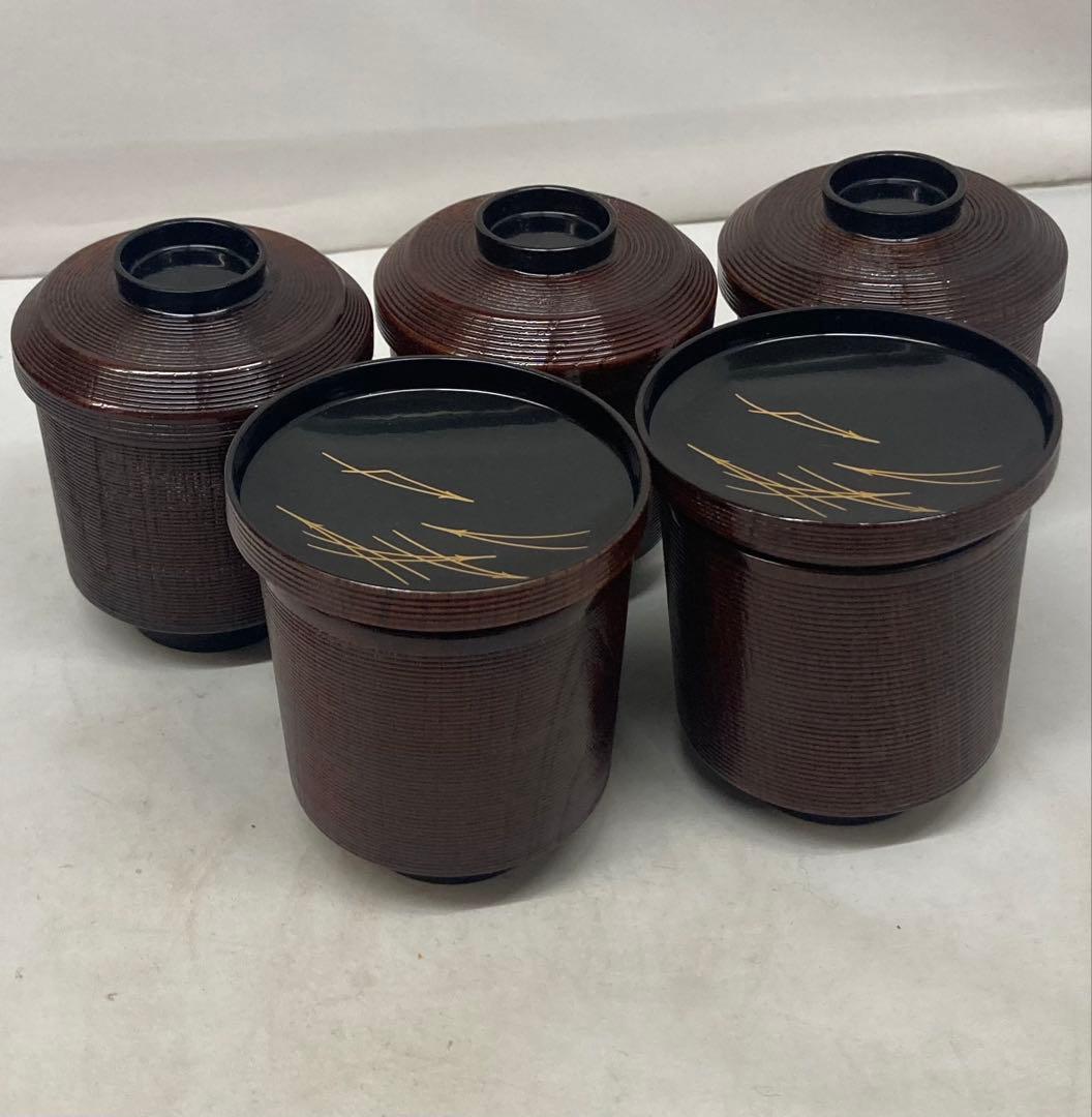 B518b「松葉図 面取千筋欅 箸洗 5客」溜塗　椀　茶道具　懐石道具