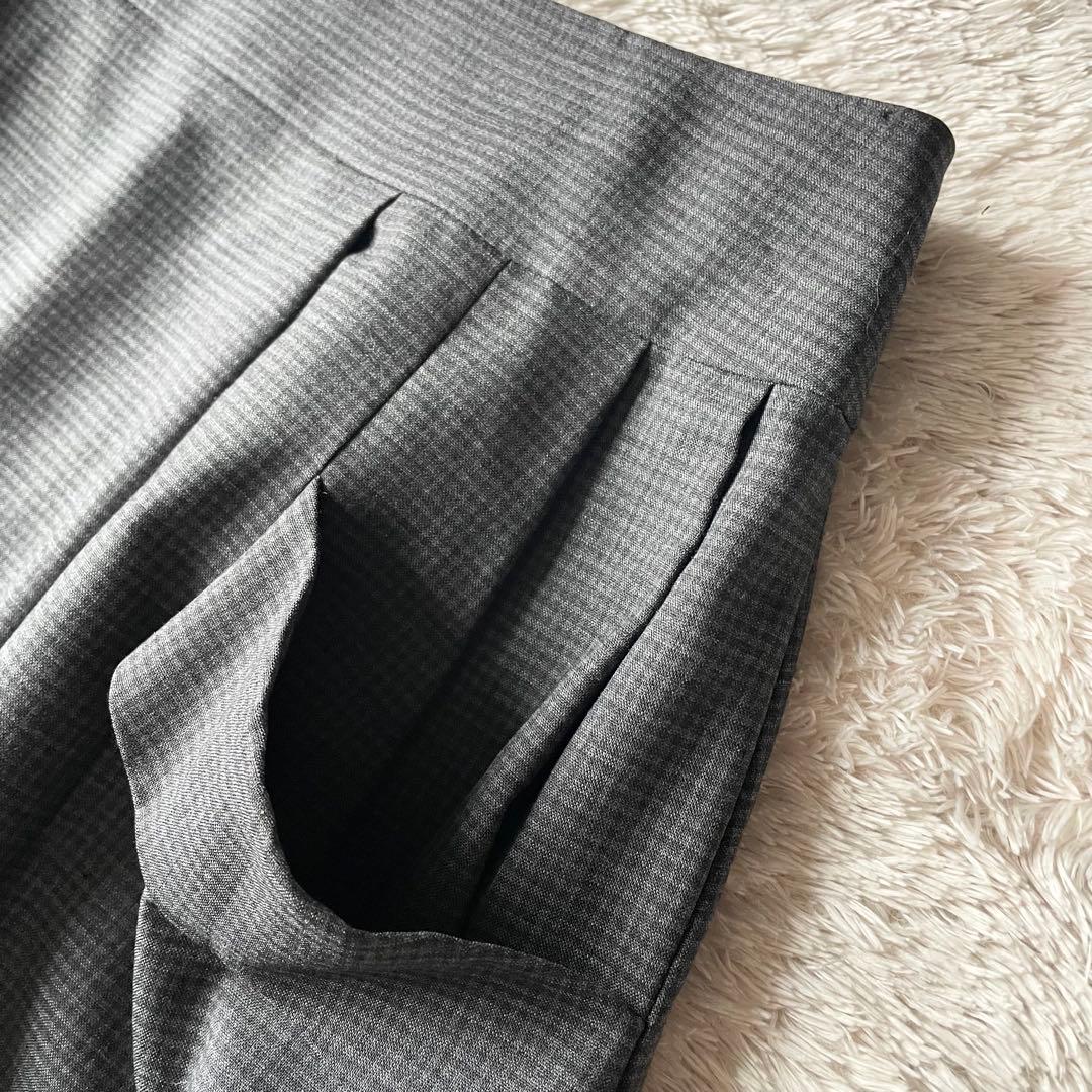 マーガレットハウエル 美品 ウールタックスカート 2 チェックグレー