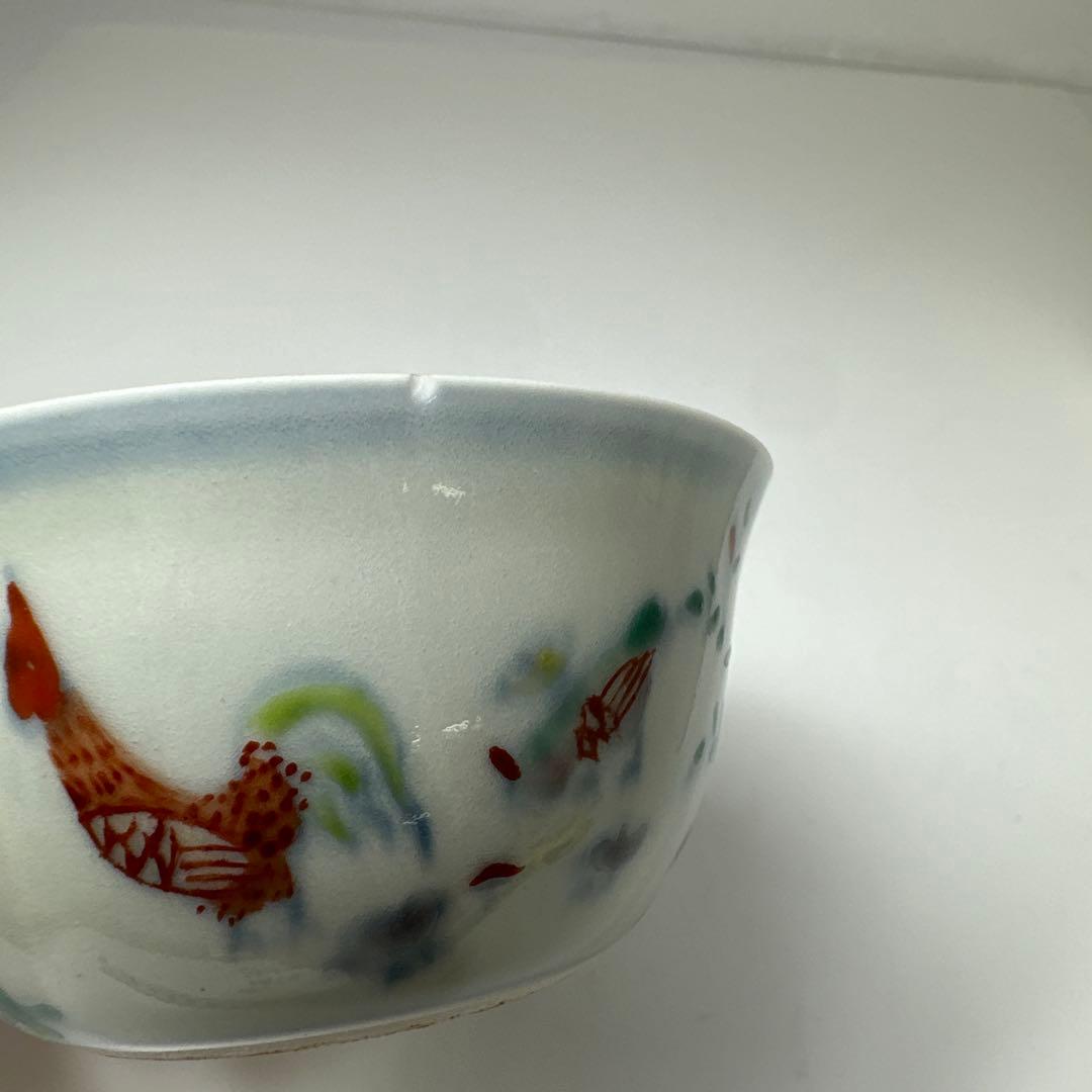 中国古玩　大明成化年製　豆彩チキンカップ　口径8.2㎝　東さ7-0411①