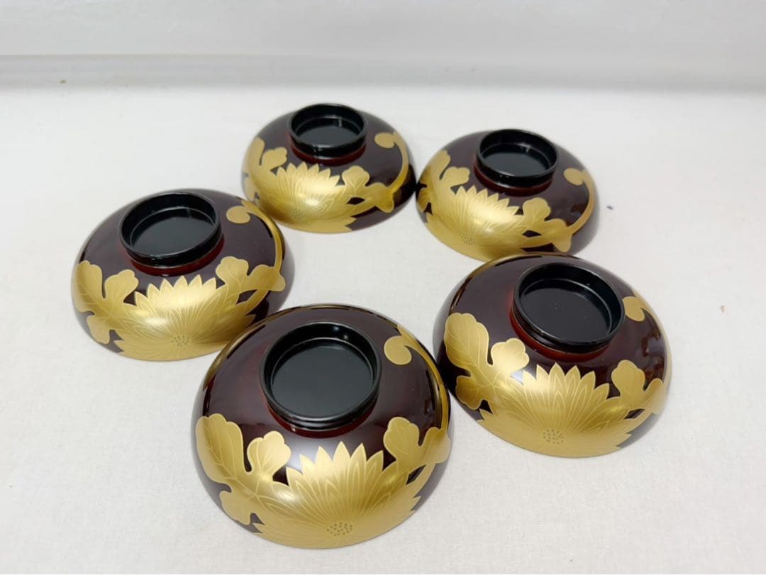 ほぼ未使用 懐石道具 增田錦製 天然木製 溜塗 花蒔絵 吸物椀 5客揃 内黒共箱