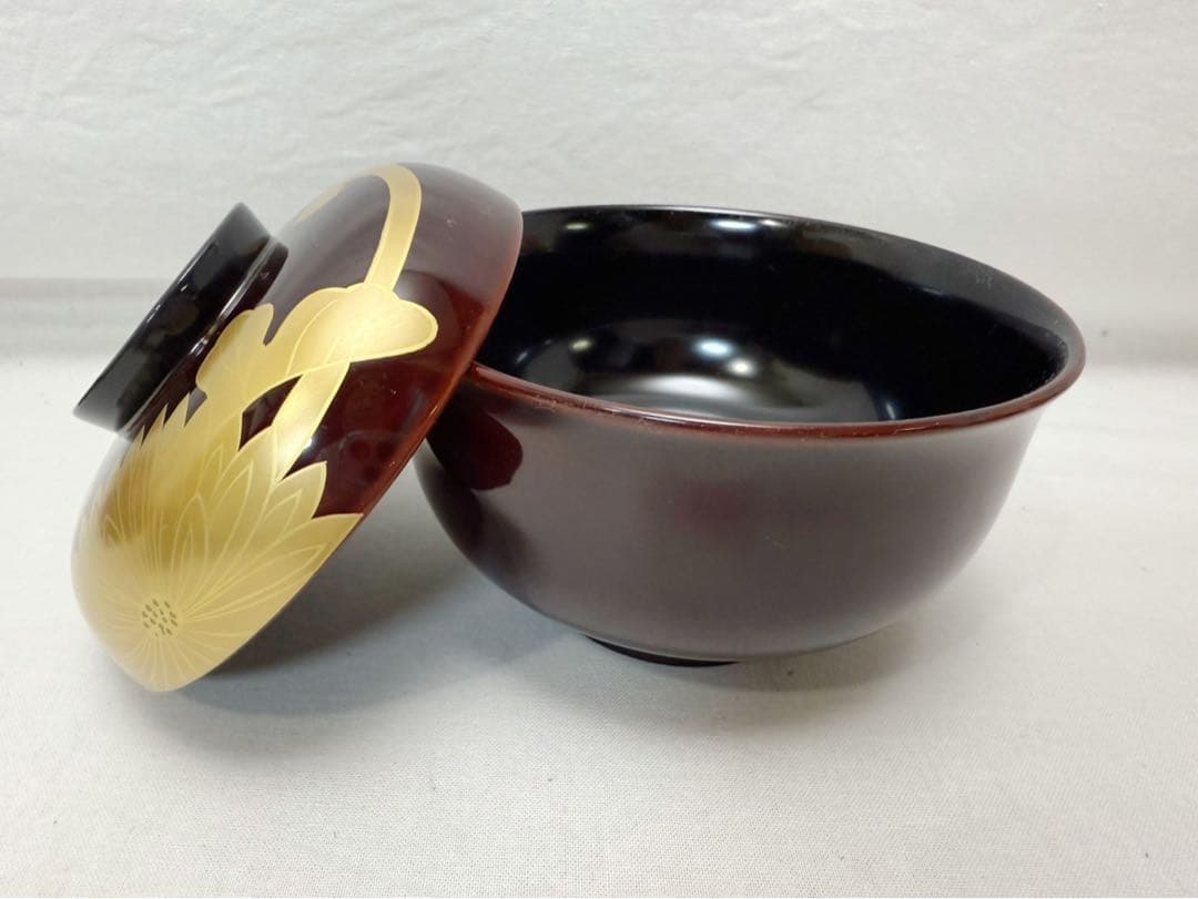 ほぼ未使用 懐石道具 增田錦製 天然木製 溜塗 花蒔絵 吸物椀 5客揃 内黒共箱