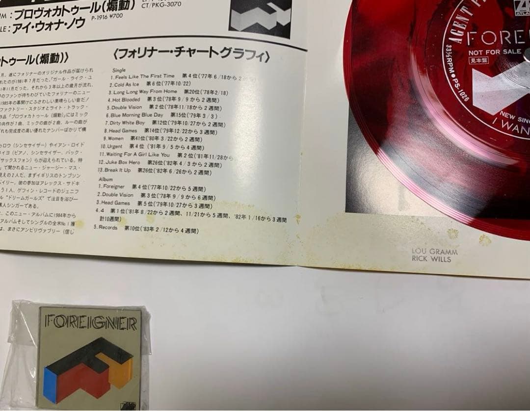 Foreigner グッズ(バッジ+ ミラー) +(フォノシート付デモ・プレス)