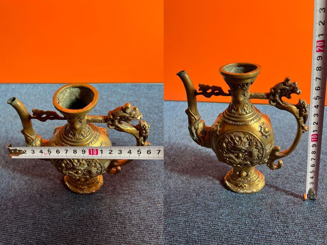 1088 中国骨董　大明宣徳年製銘　銅製　龍紋酒壺　時代物