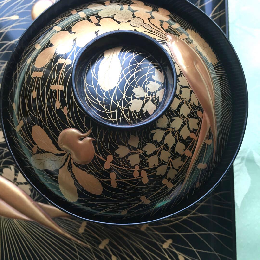 逸品 極上春の七草蒔絵 四方脚付膳 蓋付碗セット C