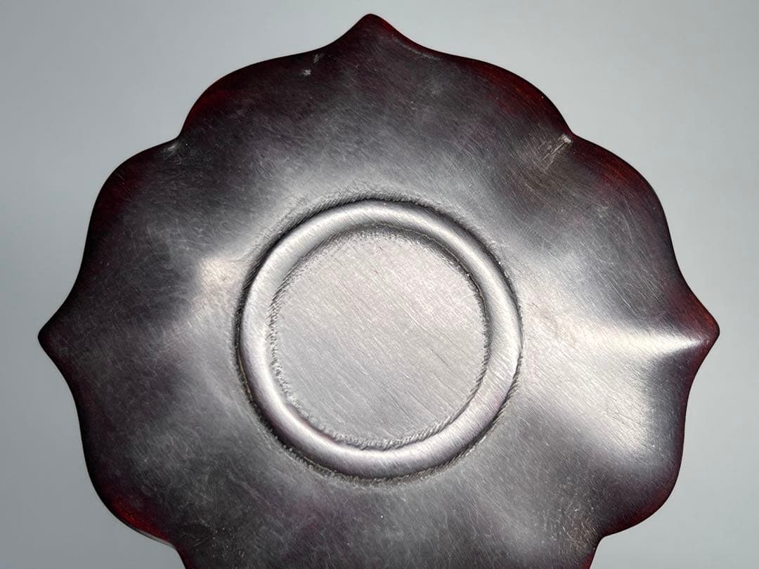 中国古美術 時代物 唐木 五客 茶托 茶道具 木製 巻草紋 浮彫 極細工