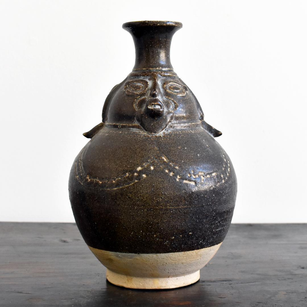 クメール カンボジア ポストアンコール 黒褐釉人面壺 /壷 古陶器 古道具