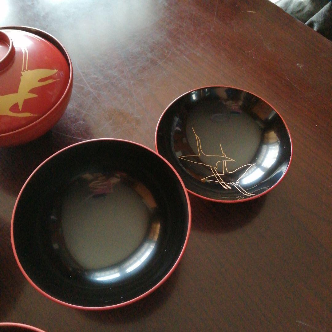 輪島塗　朱塗金彩飛鶴蓋付吸物椀　5客　12.5cm