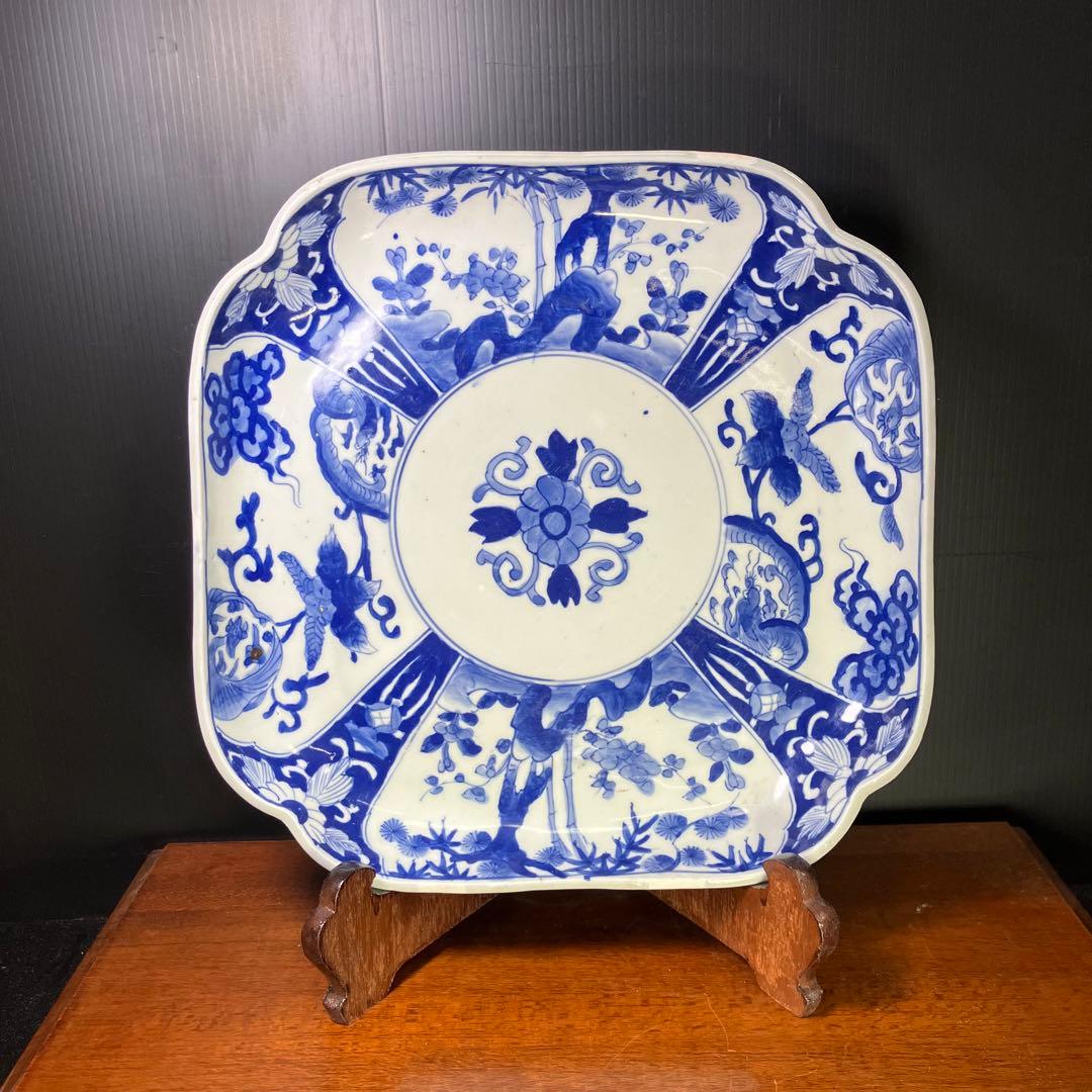 古伊万里 藍九谷様式 兜皿 角皿 二重 青 T1007-3