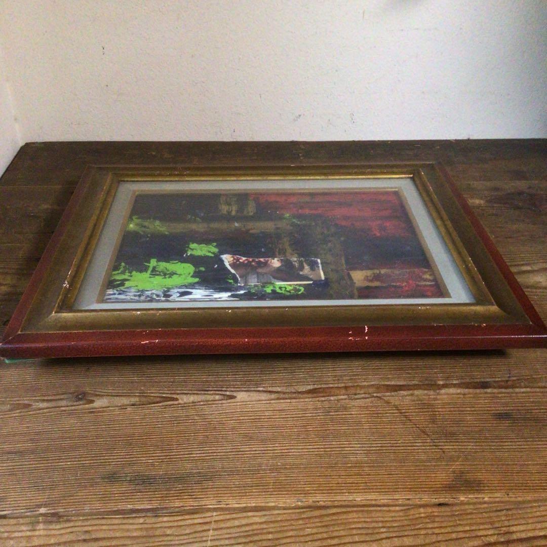 No4127 額装　作者不明　コラージュ画　油彩画　抽象画　現代アート　送料無料