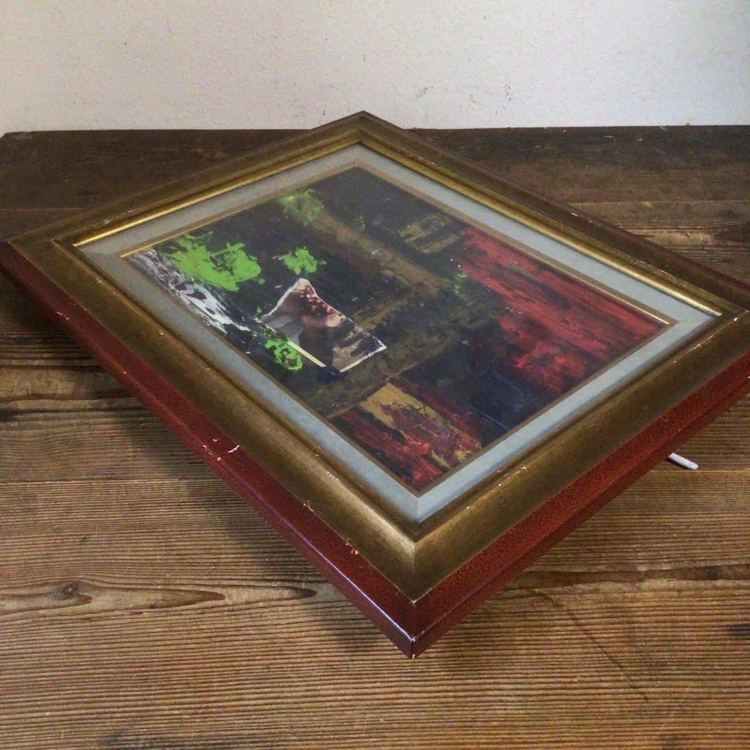No4127 額装　作者不明　コラージュ画　油彩画　抽象画　現代アート　送料無料