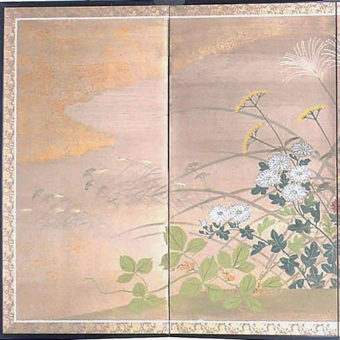 四つ折り屏風　日本画　和紙に金粉彩色　秋草(ハギ・ススキ)