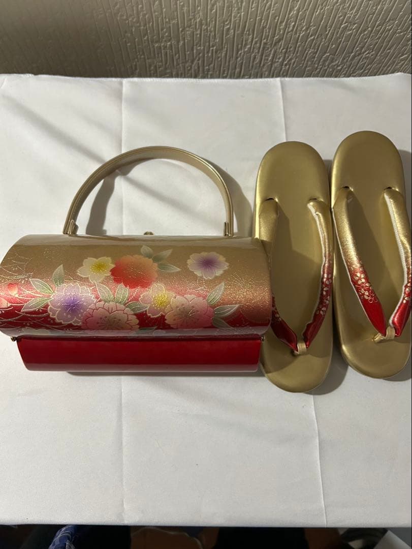 花柄ゴールド 草履バックセット　LL振袖　成人式　華やか