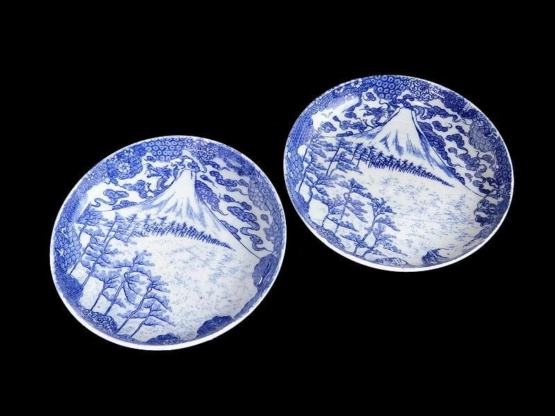 古伊万里　型刷り印判　染付　富士に龍の図　５寸皿　２枚　F175 AS-fbqv