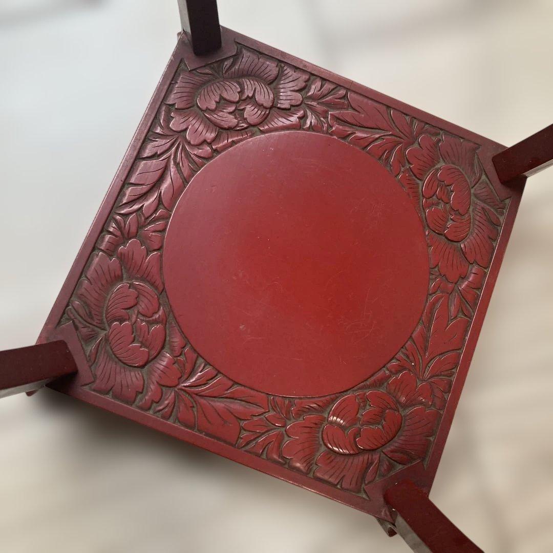 【中古品】村上堆朱 牡丹 唐草 高 花台　花瓶台　レトロ　ビンテージ　伝統工芸