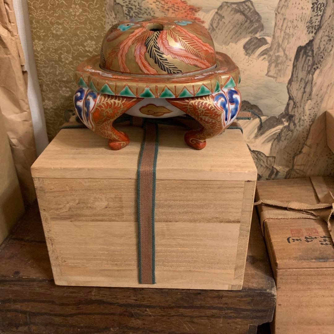 五彩双凤 四脚香炉 角福　珍品　箱付173