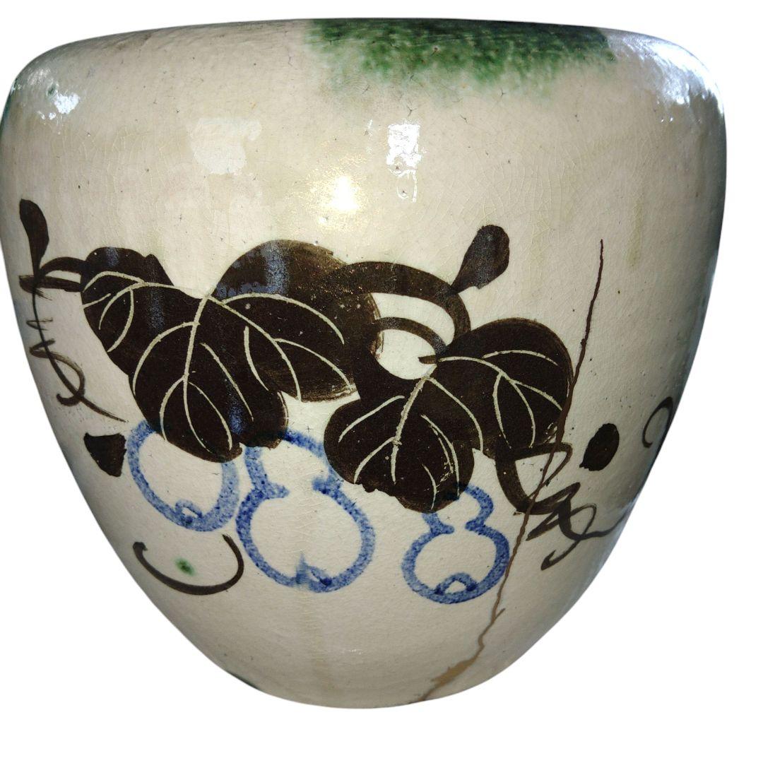 越後太丘焼　希少　瓢箪文手焙　金継ぎ　明治民窯　織部釉