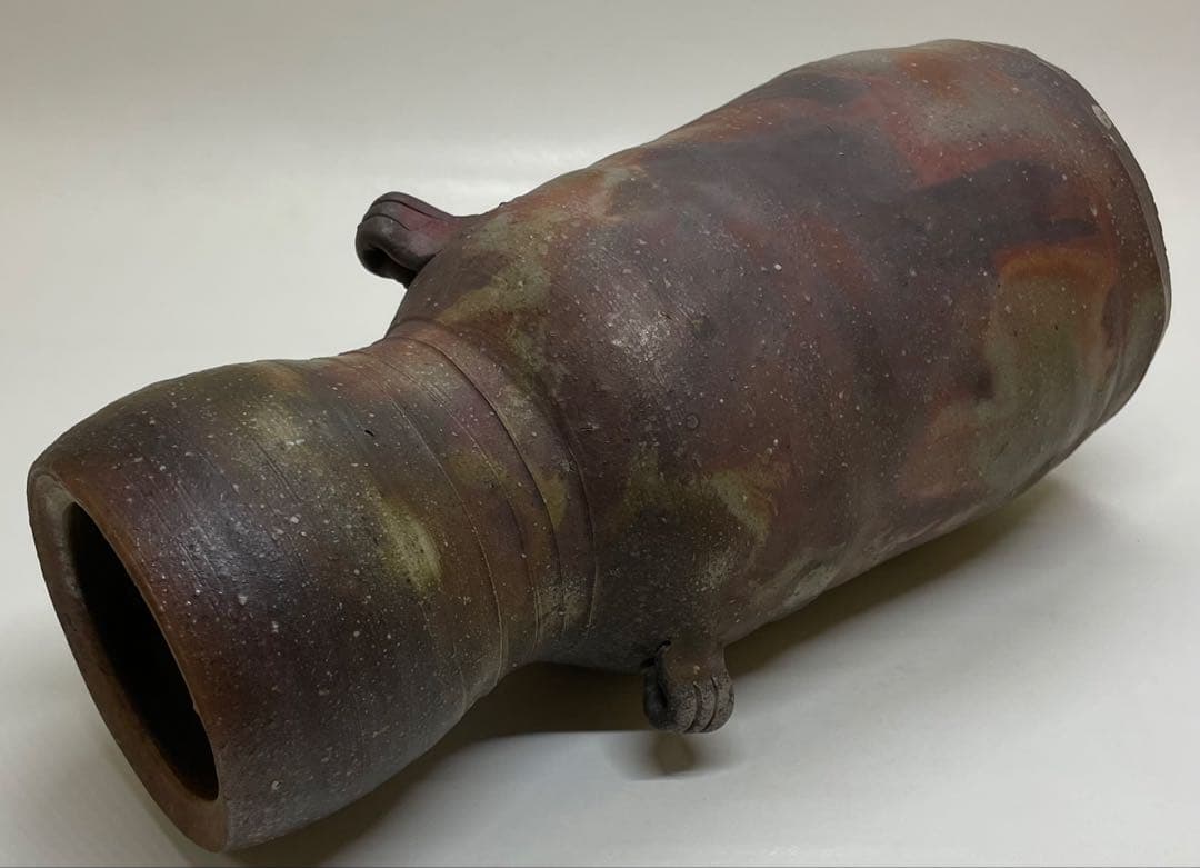 県指定重要無形文化財　金重道明　備前焼　耳付花入　共箱 　　　y16