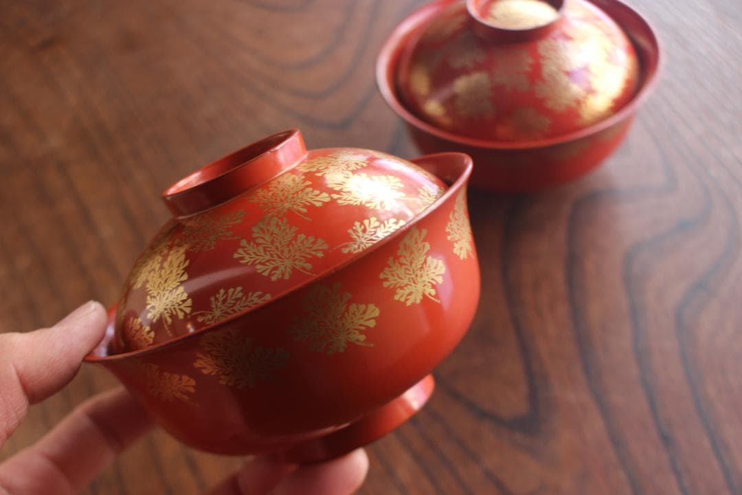 時代逸品！上質朱漆に極上信夫蒔絵の映えるお椀2点（検輪島塗懐石椀