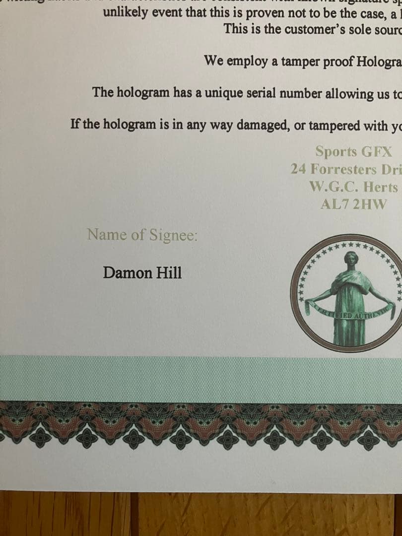 デーモン　ヒル　直筆サイン　ウィリアムズルノー　1993 証明書付き