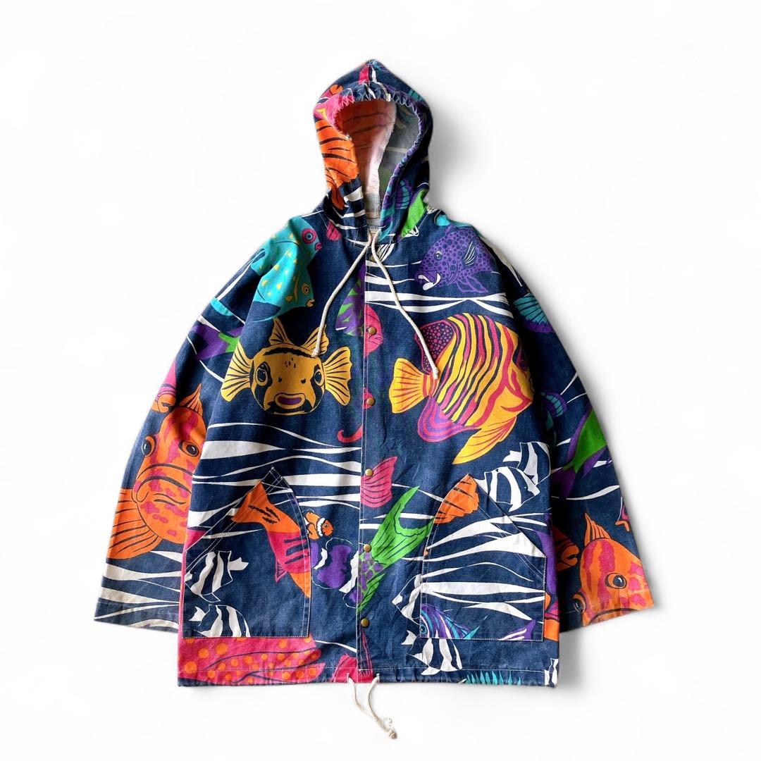 80s 90s Michigan Rag ミシガンラグ 魚柄 スナップパーカー メンズ