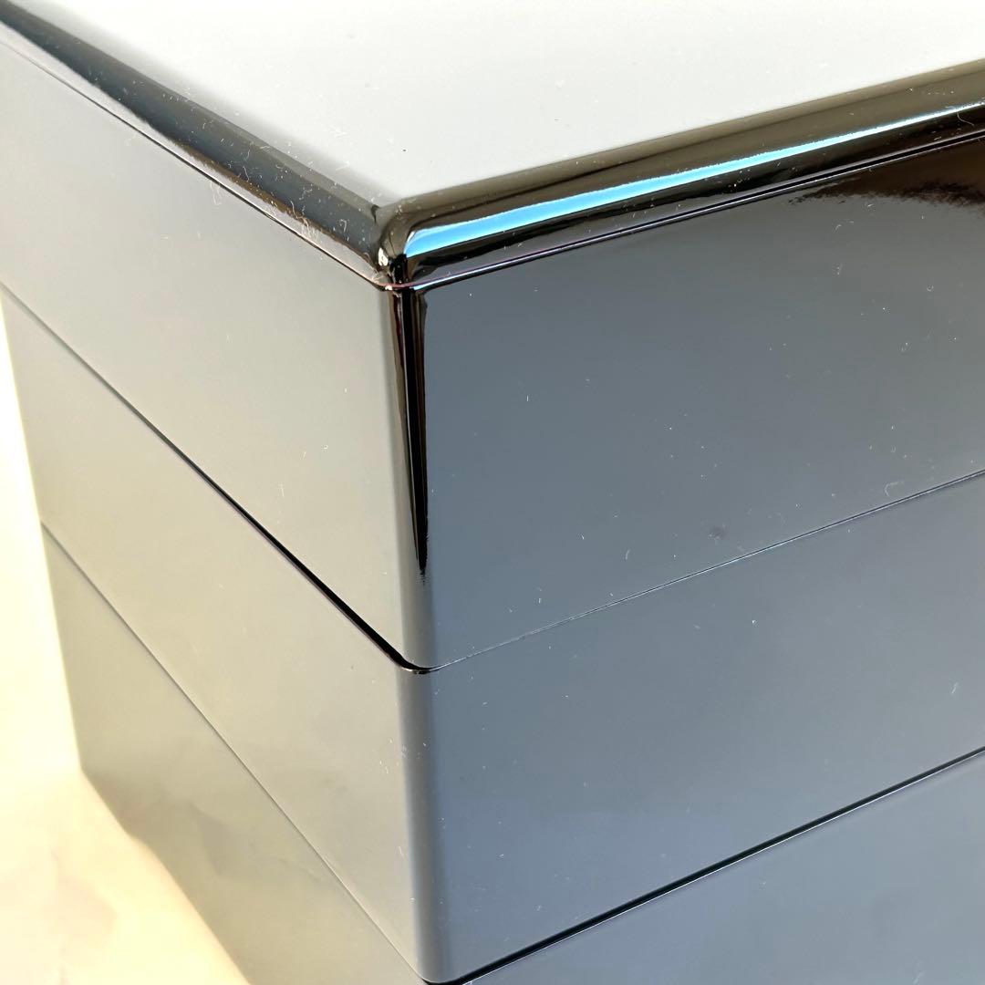 【美品】木製 漆器 三段重 黒塗 重箱 お重 黒 内朱 会津塗り