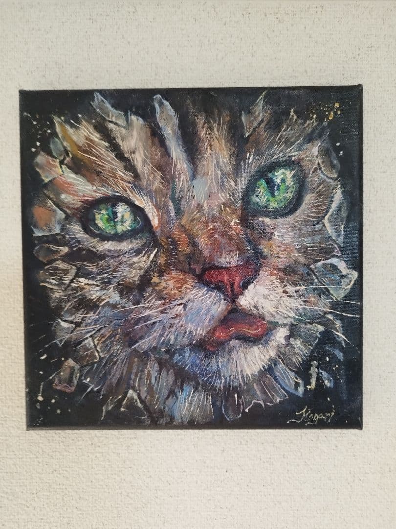 油彩画『如意猫守』 一点物 原画 アート 開運
