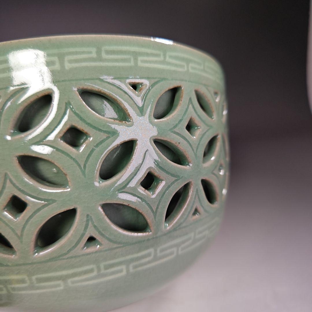 イ631 水指『久田宗也（尋牛斎）極箱』『廣州窯青磁七宝透し平水指』茶道具