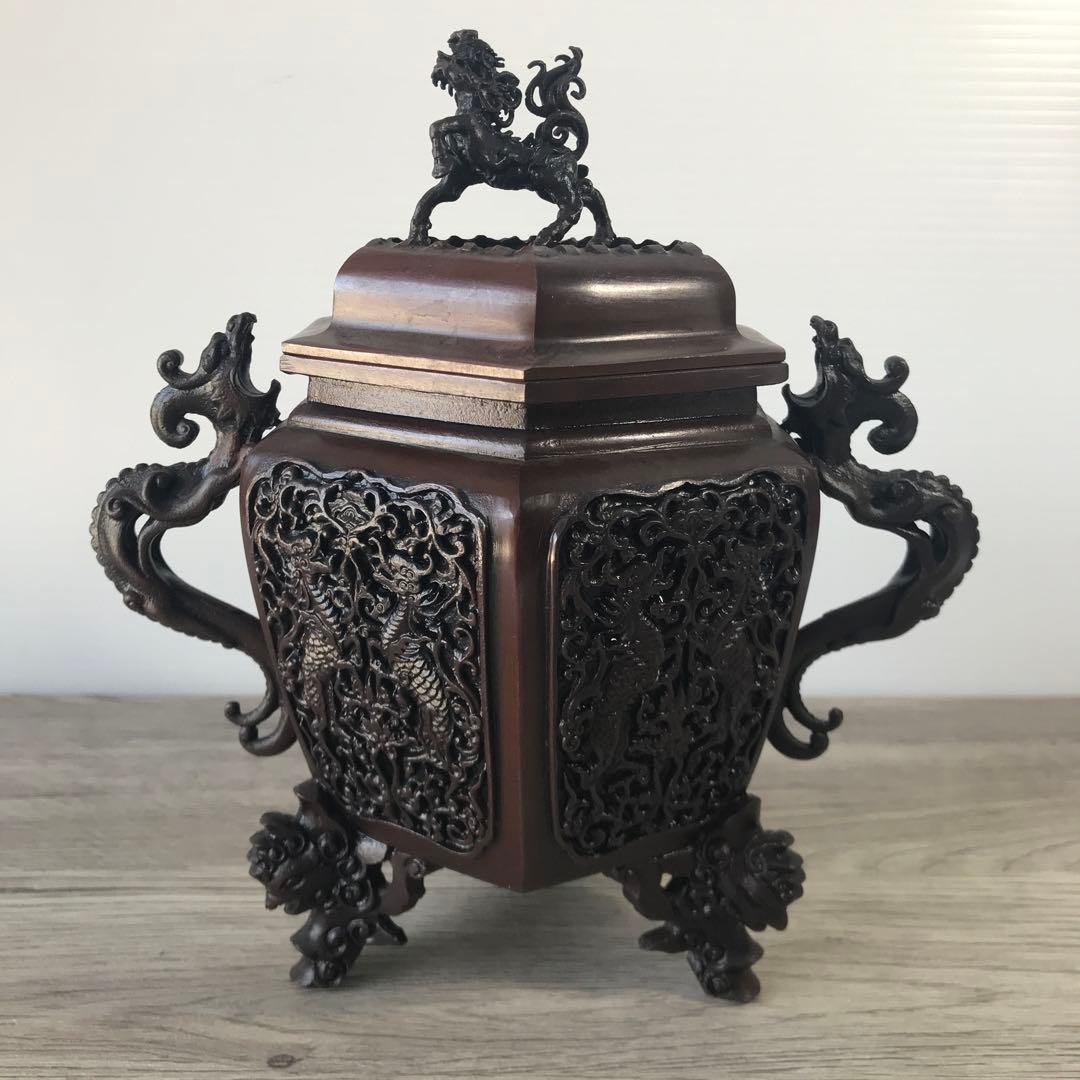 高岡銅器 米田秀保 香炉 蝋型 龍耳 麒麟摘み 麒麟 龍 三つ足