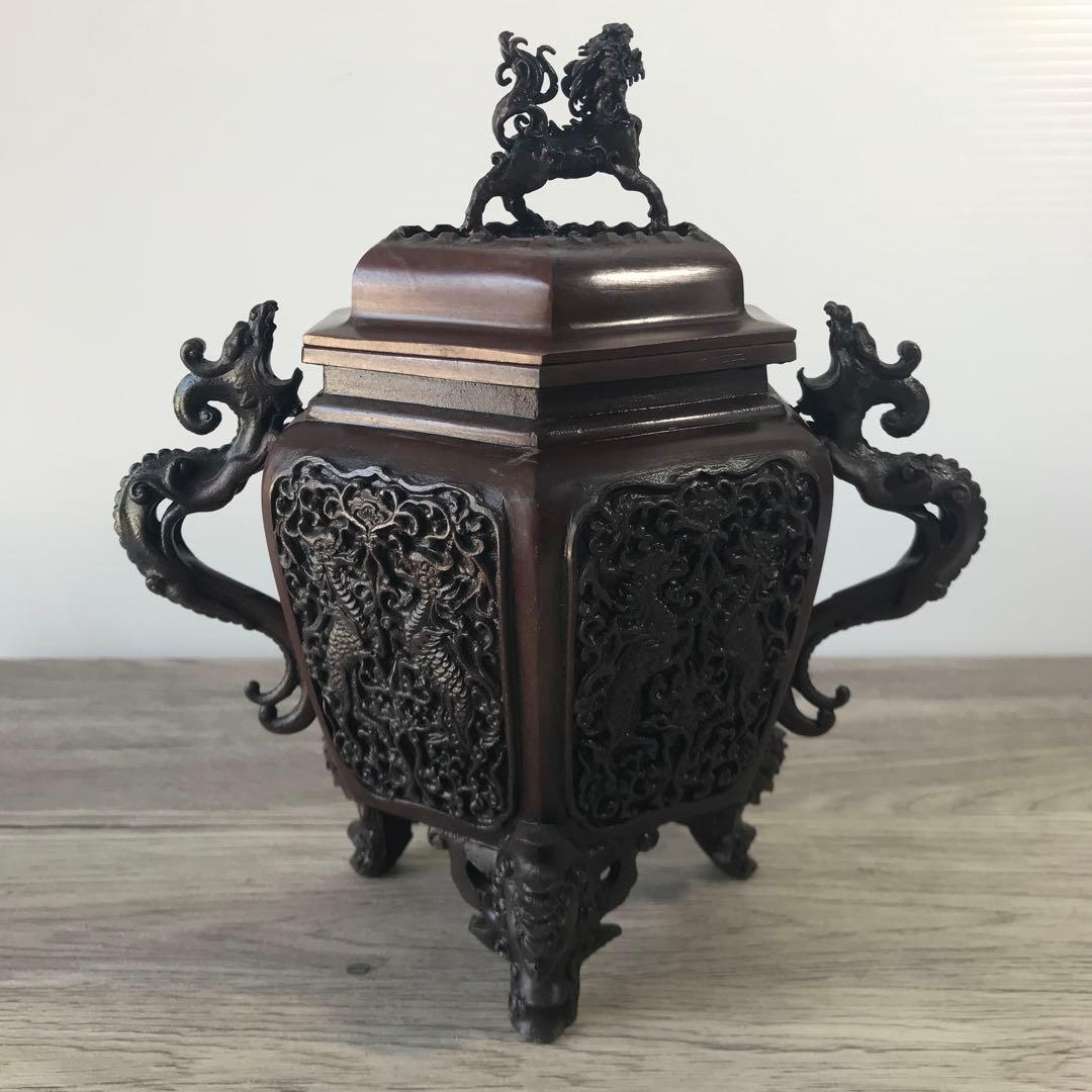 高岡銅器 米田秀保 香炉 蝋型 龍耳 麒麟摘み 麒麟 龍 三つ足