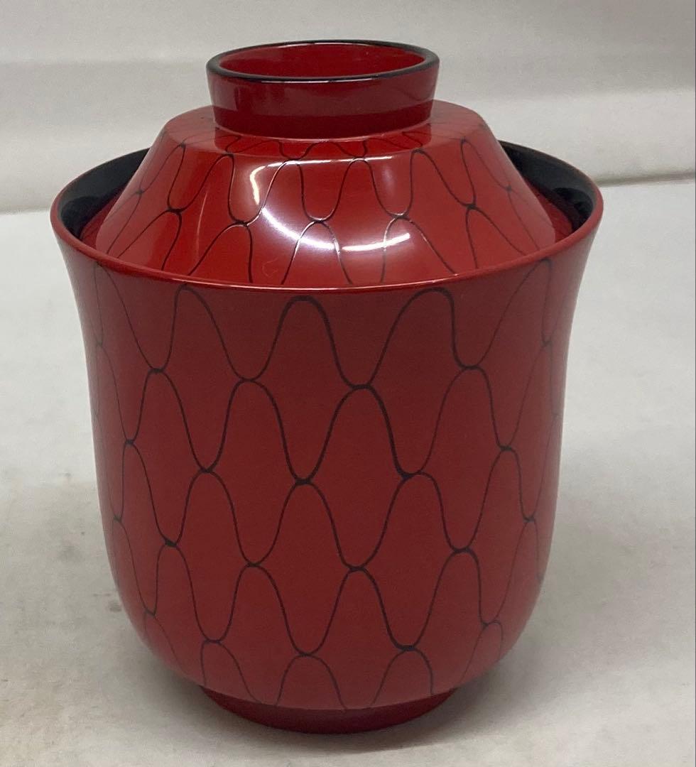 B471b「黒網目 朱箸洗 5個」箱書は表書のみ　木地　外朱漆塗　内黒漆塗