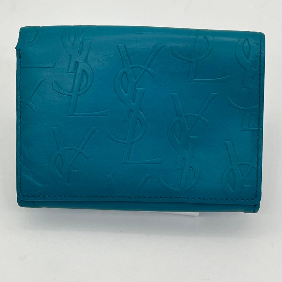 イヴサンローラン 二つ折り財布 カサンドラ YSLロゴ ライトブルー レザー