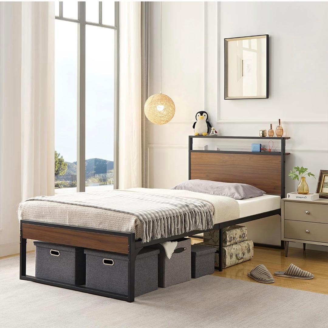 新品　シングルベッドフレーム　おしゃれ　木目ブラック　コンセント付き