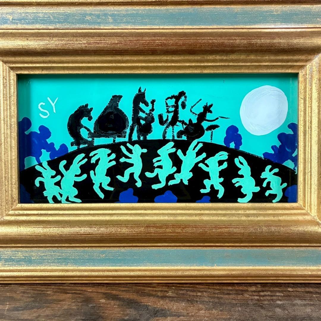 柚木沙弥郎「つきよのおんがくかい」ガラス絵 肉筆 直筆サイン入 共