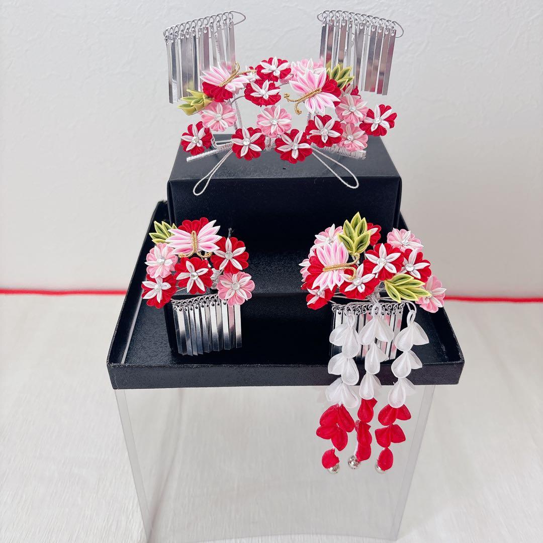 七五三　赤　ピンク　勝山かんざし　髪飾り　簪　かのこ　ちんころ　日本髪　７歳