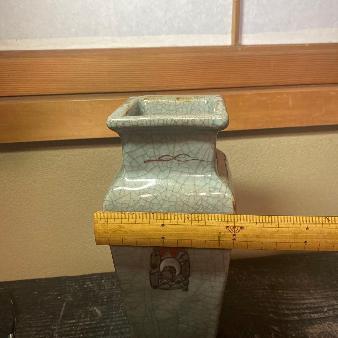 中国古玩 青磁色絵花瓶10cm25cm