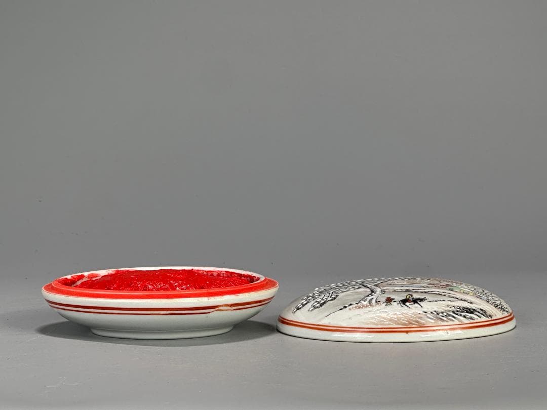 書道具 文房具 景徳鎮製 朱肉 雪景画 乾隆年製 款 時代 唐