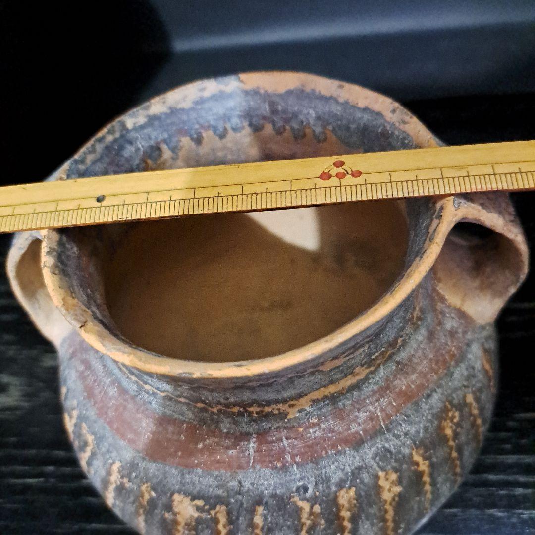 古代メキシコ産　土器　 水亀　水差し　縦縞模様