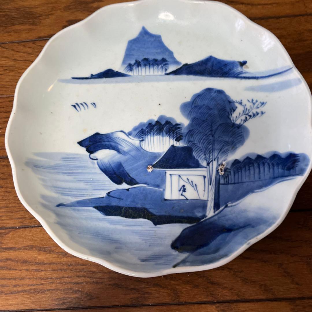期間限定最終処分特価古伊万里染付大皿 山水 素朴な味わい 目跡が