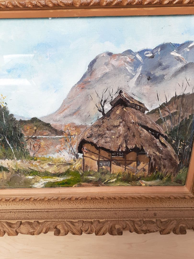 茅葺き屋根の家　絵画 油絵