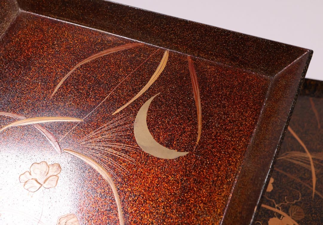 MB45】時代 梨地吸物膳 十客 月と草花蒔絵 秋草 四方膳 卓上 折敷