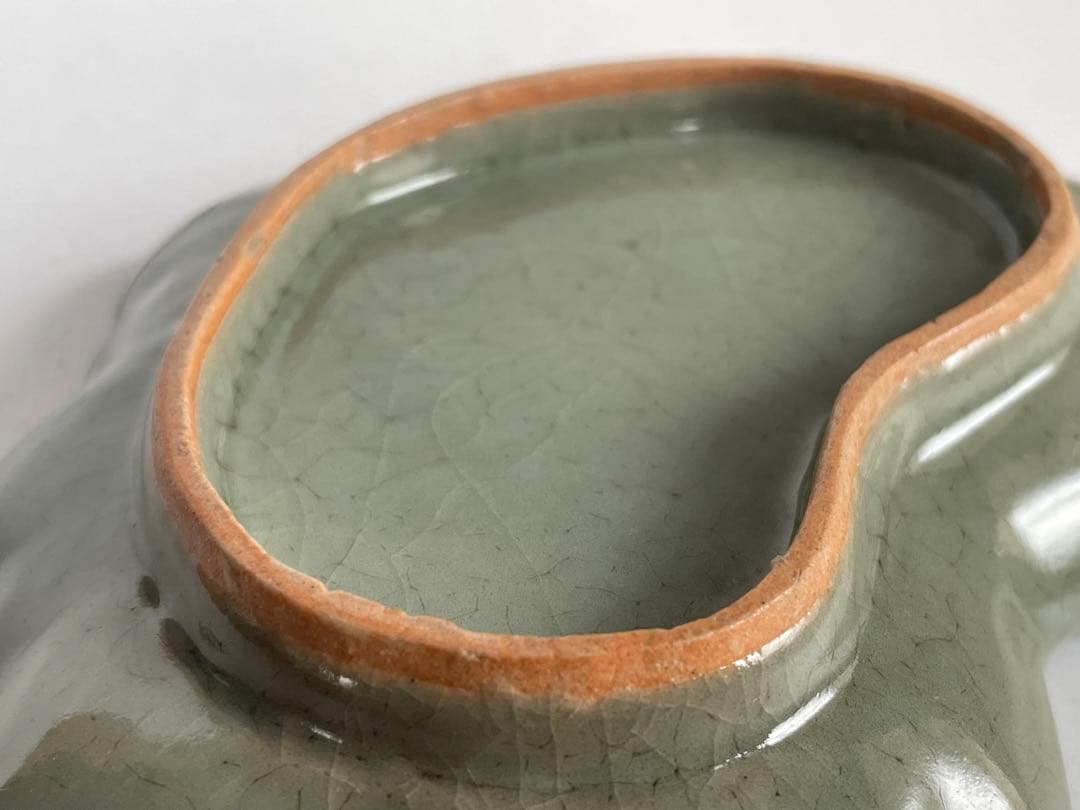 骨董 アンティーク 古九谷青磁 青磁瑠璃釉 葉文 葉形小皿 変形皿 向