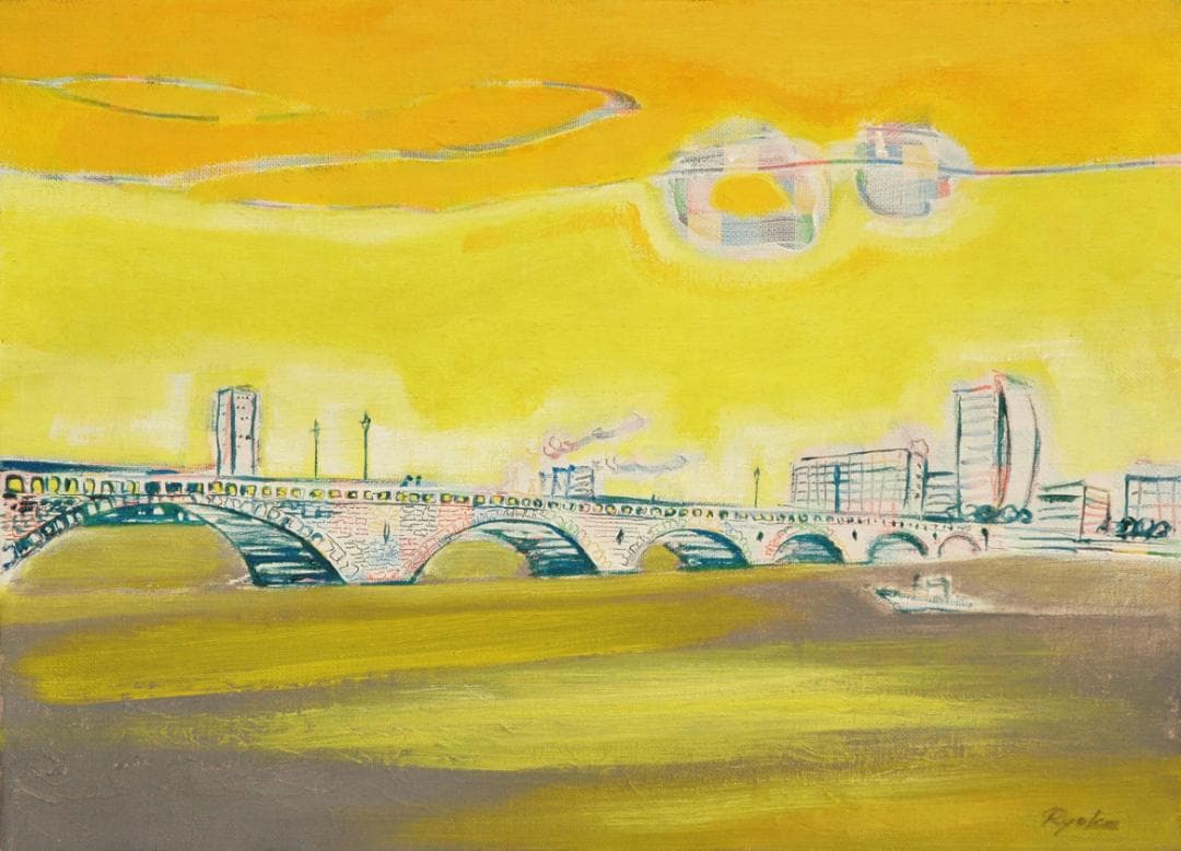 油絵 菅家令子 絵 絵画インテリア額付(銀) F4-090214 風景夕朝陽橋