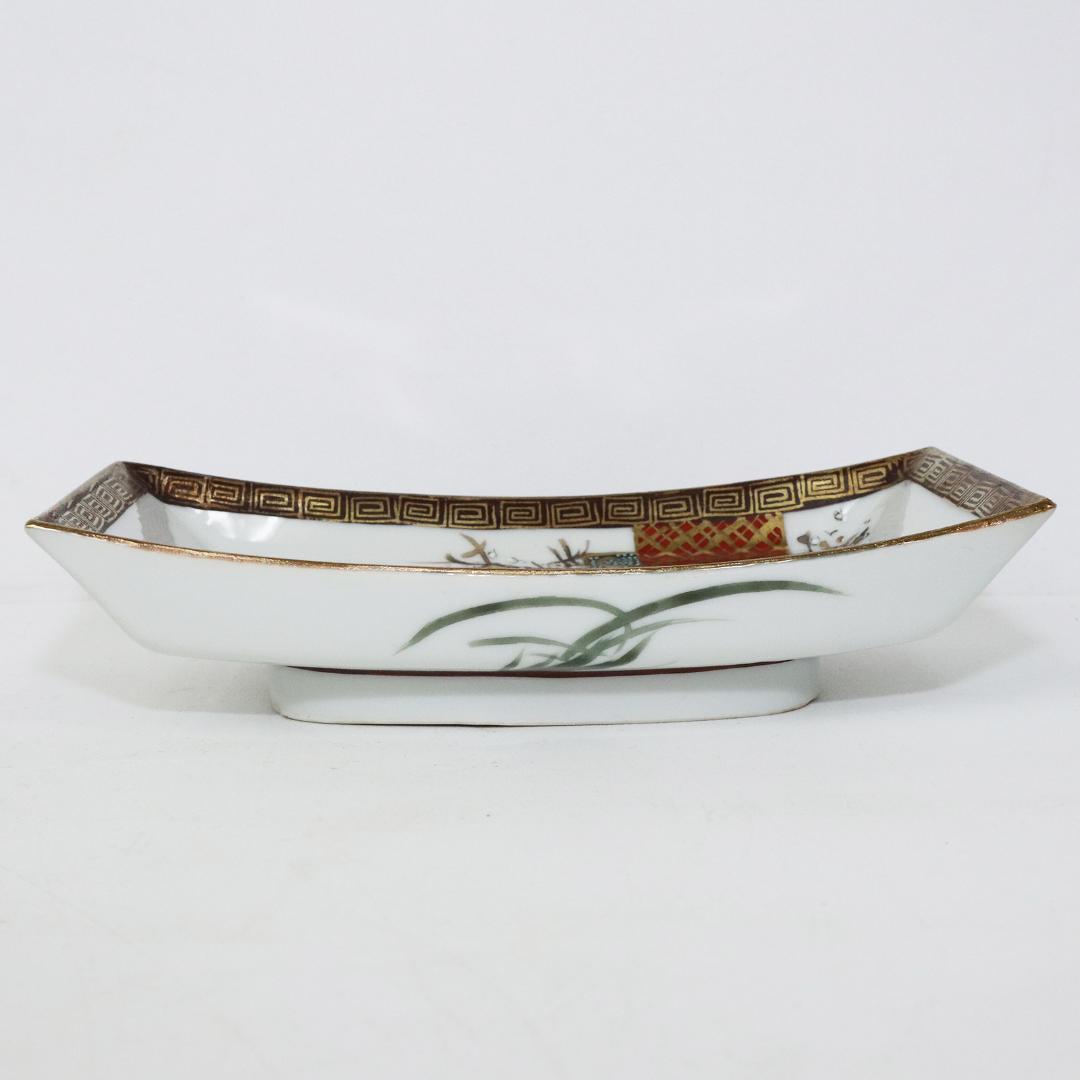 九谷焼 青粒 梅に鶯 刺身皿 角皿　明治九谷　5客