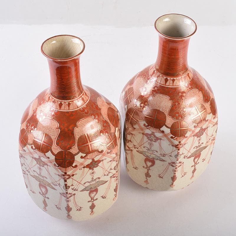 九谷焼 古九谷 赤絵金彩 瓔珞文 六角大徳利 一對 長壽箱付 G