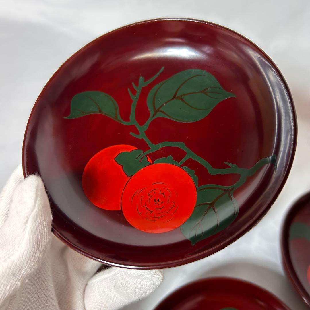 柿の柄がとても美しい【明治時代】の輪島塗 小皿 6枚